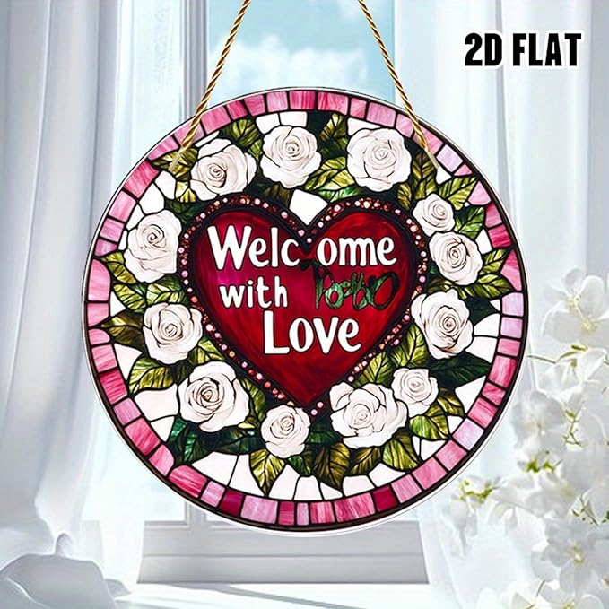 1pcs Heart Sun Catcher for Window Hanging White Flower Stained Glass Window Suncatchers Round Valentine's Romantic Ornaments Room Home Decor for Wife Valentine's Day Gift