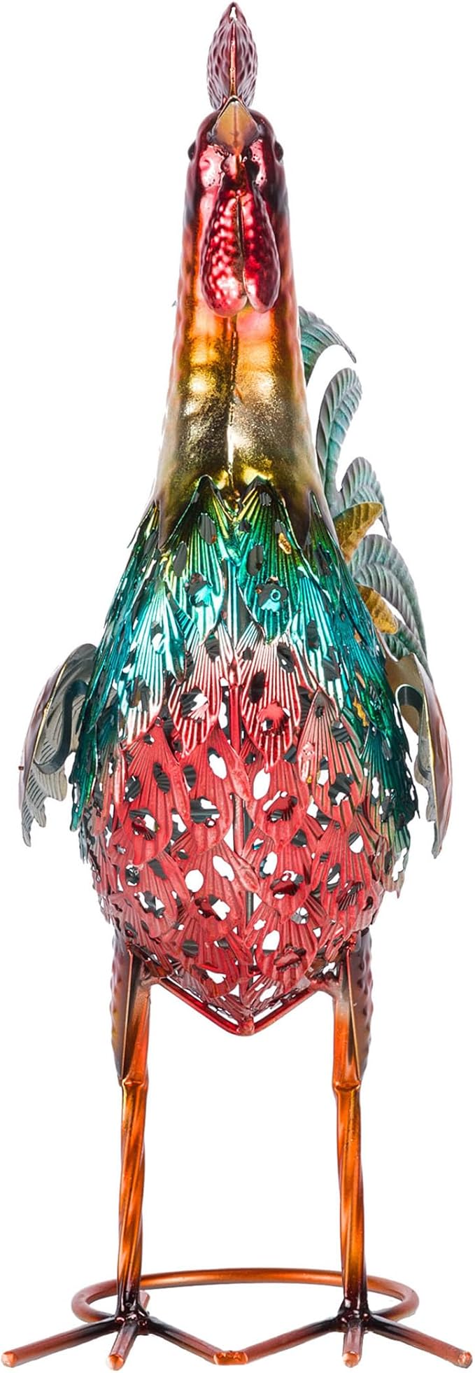 Alpine Corporation 16" Tall Outdoor Metal Standing Rooster Statue with Vibrant Design, Garden Decor, Metallic Red