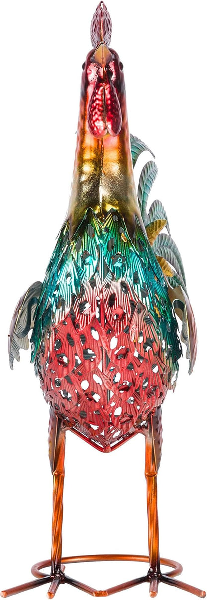 Alpine Corporation 16" Tall Outdoor Metal Standing Rooster Statue with Vibrant Design, Garden Decor, Metallic Red