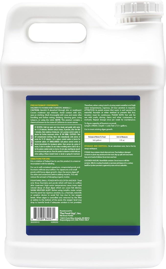 The Pond Guy InstaFix Algae Control, Outdoor Water Garden, Fountain & Birdbath Algae Solution, EPA Registered Liquid Algaecide, Control Green Water & String Algae, Bird, Fish & Pet Safe, 2.5 Gallon