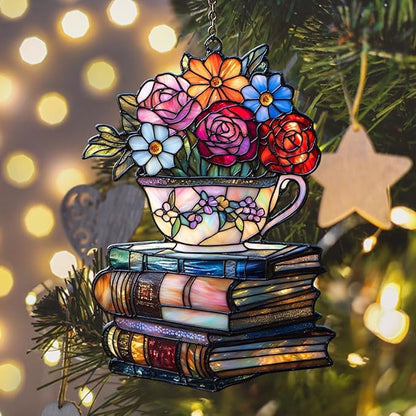 Floral Tea Cups Acrylic Suncatcher Stained Glass Effect Window Car Hanging Christmas Ornament Indoor Outdoor Decor Garden Sun Catcher Panel for Boba Tea Lover for Women Mom Grandma
