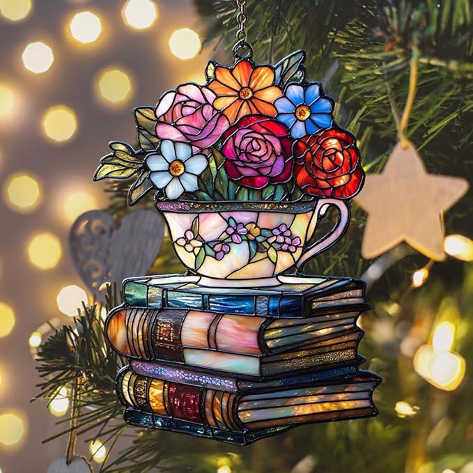 Floral Tea Cups Acrylic Suncatcher Stained Glass Effect Window Car Hanging Christmas Ornament Indoor Outdoor Decor Garden Sun Catcher Panel for Boba Tea Lover for Women Mom Grandma