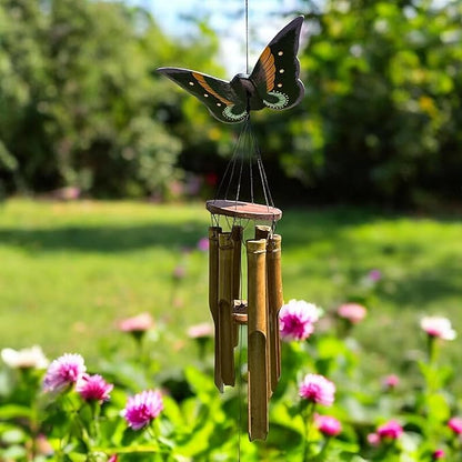 Butterfly Bamboo Wind Chime – Handcrafted 39” Hanging Outdoor Windchime with Colorful Carved Wood Topper & Relaxing Sound – Natural Bamboo Garden Décor for Porch, Patio, or Balcony