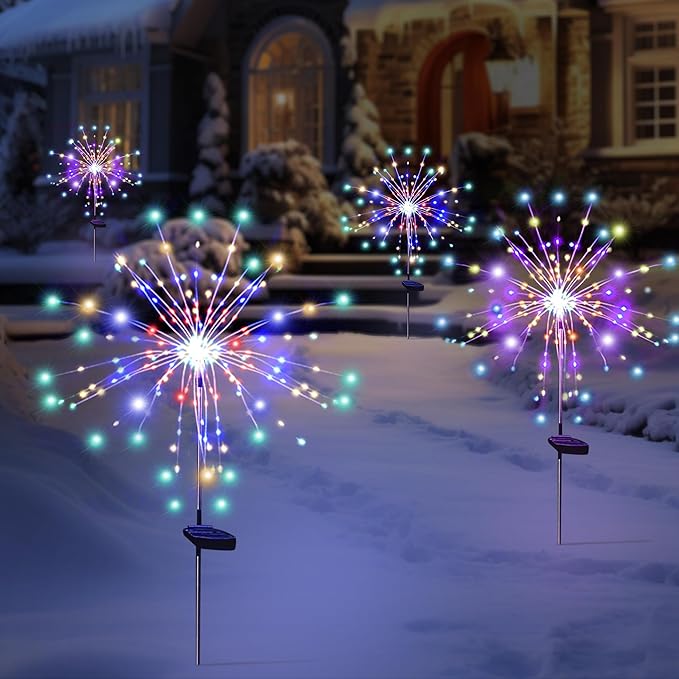 Solar Garden Firework Lights Outdoor Waterproof 4 Pack 120 LED Sparklers Solar Lights for Outside Patio Backyard Yard Pathway Walkway Decorations 4th of July Decorations (Colorful)