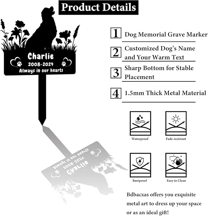 Custom Golden Retriever Dog Memorial Grave Marker,Personalized Pet Dog Memorial Garden Stake,Flora Dog Memorial Plaque Burial Stake Engraved Sign,Dog Sympathy Grave Stake,Dog Statue Headstone