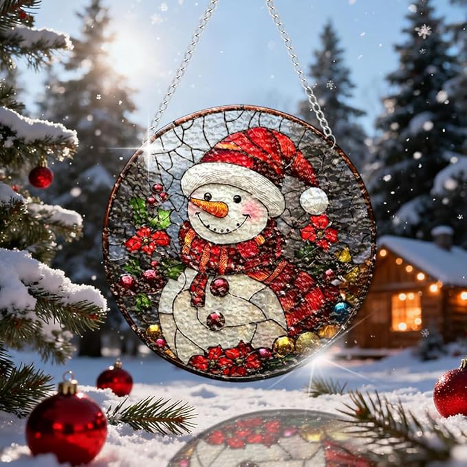 Chrismas Acrylic Stained Glass Window Hanging,Sun Catcher Decor Stained Panel Hangings Wall Art Decor, 2026 8x8inch (SCL014 Snowman 2)