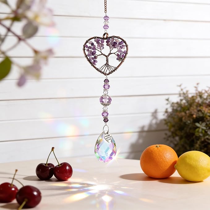 Molain Tree of Life Crystal Suncatcher, Hanging Purple Sun Catcher for Windows Elegant Purple Sun Catcher Crystals Ornament Heart Shaped Crystal Ball Prism Drop Pendant for Garden Decor Crystal Gifts
