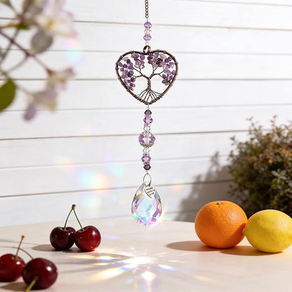 Molain Tree of Life Crystal Suncatcher, Hanging Purple Sun Catcher for Windows Elegant Purple Sun Catcher Crystals Ornament Heart Shaped Crystal Ball Prism Drop Pendant for Garden Decor Crystal Gifts