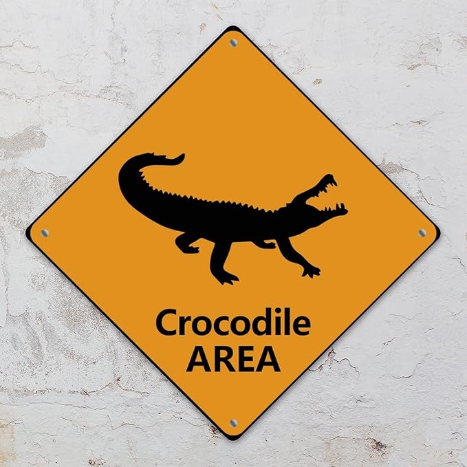 Warning Crocodile Area Aluminum Metal Sign Ocean Animal Caution Crossing Xing Street Sign Yellow Diamond Shape Funny Metal Sign For Indoor Outdoor 10x10in