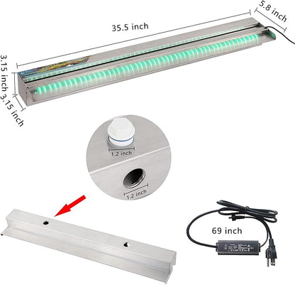 36" Water Pool Fountain 304 Stainless Steel Lighted Pool Waterfall Spillway with Wider Water Flow Platform, Multi-Color LED Strip Light with Remote Control for Indoor, Garden, Outdoor Decoration