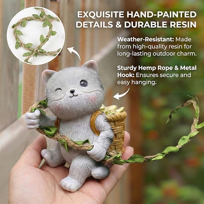 Cat Decor Garden Statue - Hanging Cat Figurine for Outdoor Patio, Cute Mini Resin Animals Yard Art, Garden Sculptures & Statues for Tree Decorations