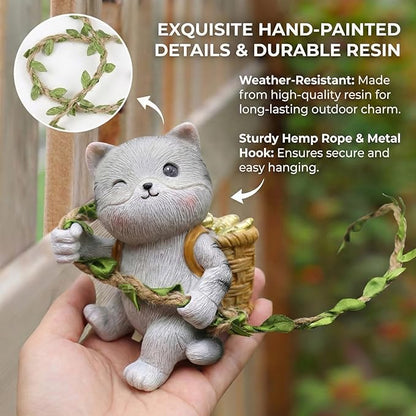Cat Decor Garden Statue - Hanging Cat Figurine for Outdoor Patio, Cute Mini Resin Animals Yard Art, Garden Sculptures & Statues for Tree Decorations