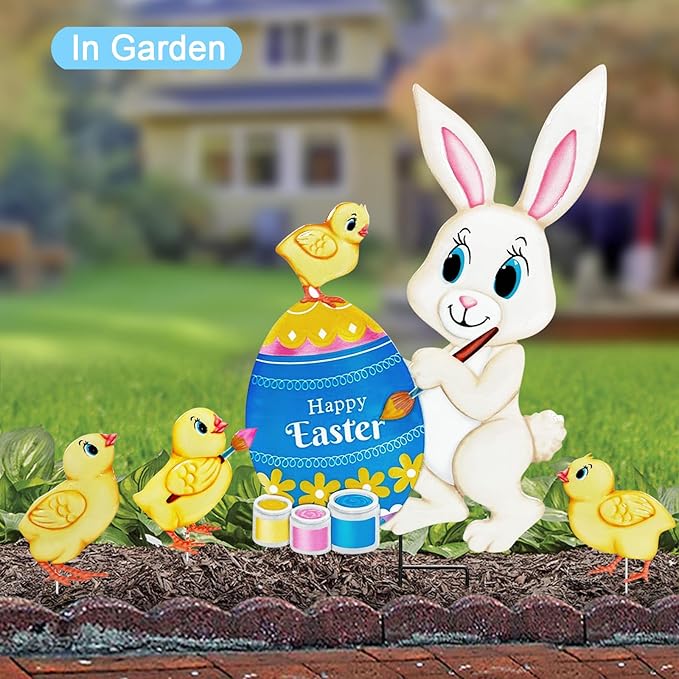 Easter Decorations Outdoor,4 Pack Metal Egg Bunny Yard Signs for Outside,Cute Easter Chick Decorations Garden Stakes for Lawn,Yard,Rabbit Gifts for Women