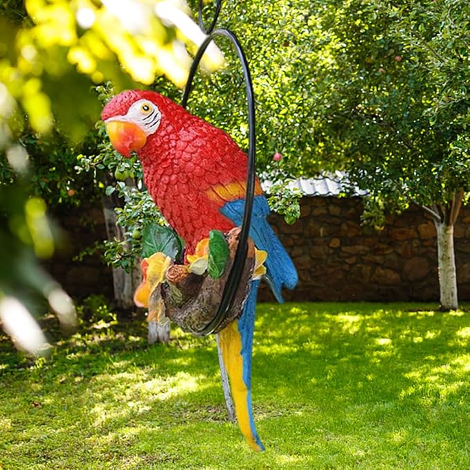 Hanging Parrot Garden Decor Resin Parrot Statue Outdoor Decor Parrot on Perch Garden Sculpture Parrot Statue Garden Sculptures for Outdoor Garden Decorations Vivid Arts Garden Ornaments Red