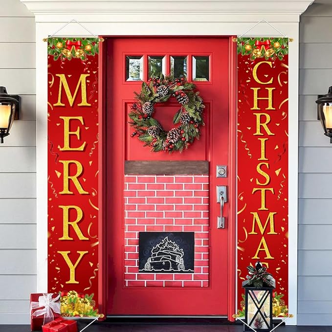 Ivenf Christmas Decorations Outdoor Yard: Red Gold Door Banner Front Porch Sign Set, Hanging Merry Christmas Decorations for Home, Indoor Outdoor Xmas Decor Wall Front Door Yard Garage