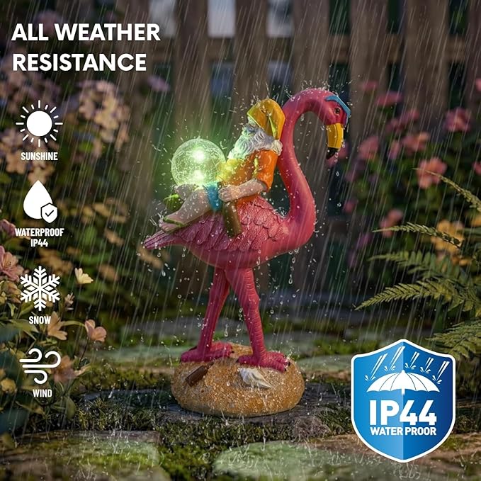 Solar Gnome with Flamingo - Funny Outdoor Garden Decor Statue with Glass Ball Light, Automatic LED Illumination for Patio, Yard, Lawn