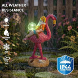 Solar Gnome with Flamingo - Funny Outdoor Garden Decor Statue with Glass Ball Light, Automatic LED Illumination for Patio, Yard, Lawn