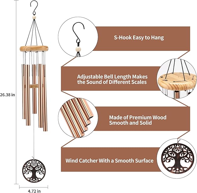 Deep Tone Wind Chimes for Outdoor - Handcrafted Copper Pipe Wind Chime with Tree of Life Pendant, Melodic Garden & Patio Decor (Ideal Gift for Mother, Grandmother, Housewarming) (Style 2)