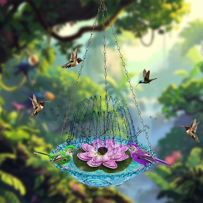 Hanging Bird Bath with Solar Fountain, Multi Functional Lotus Bird Bath Bubbler Birdbath Water Fountain Pump for Hummingbird Feeder Drinking
