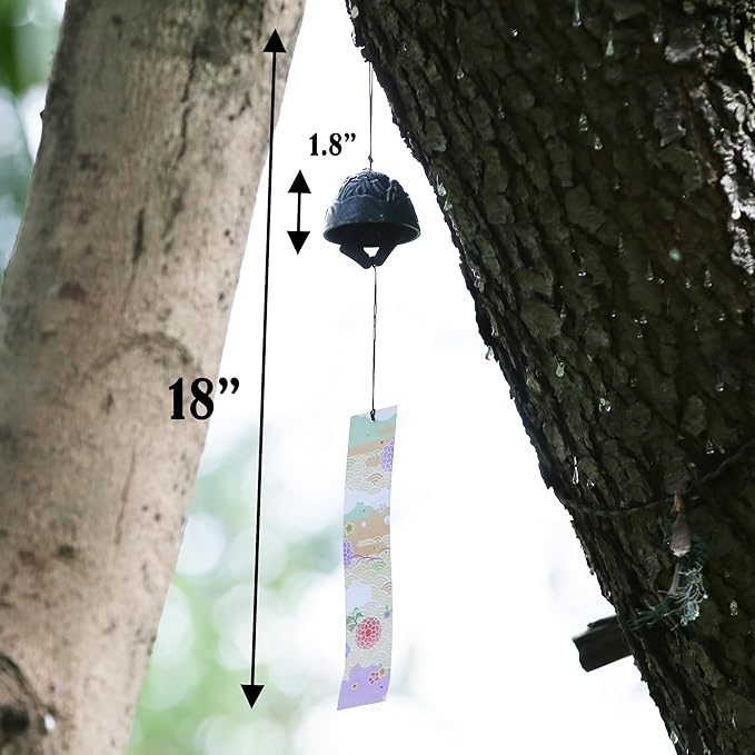 Japanese Wind Chime Cast-Iron Outdoor Ornament for Garden, Patio & Balcony, Hanging Metal Wind-Bell Decoration Gift, Blessing Pendant Windchimes & PVC Wind-Catcher, Blue Snowy Mountains