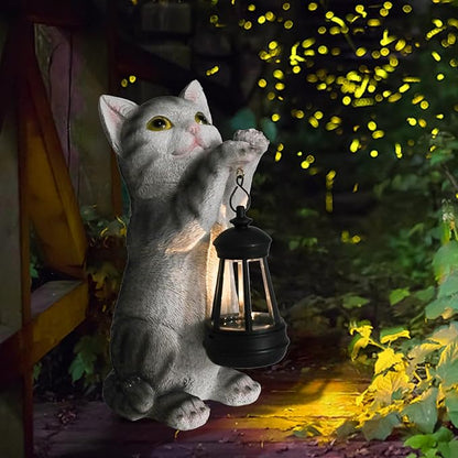 Solar Cat Garden Statue - Outdoor Cat Statues with Lantern Lights for Garden Yard Art Lawn Ornaments Porch Patio Balcony Home House Gardening Gifts for Women Grandma Mom
