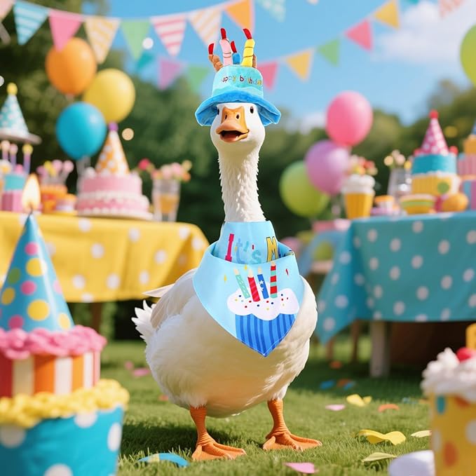 Happy Birthday Porch Goose Outfits with Birthday Cake Hat and Bandana for 17" 23" Cement Lawn Goose Statue Costume for Luau Party Outdoor Garden Yard Decor (Blue)