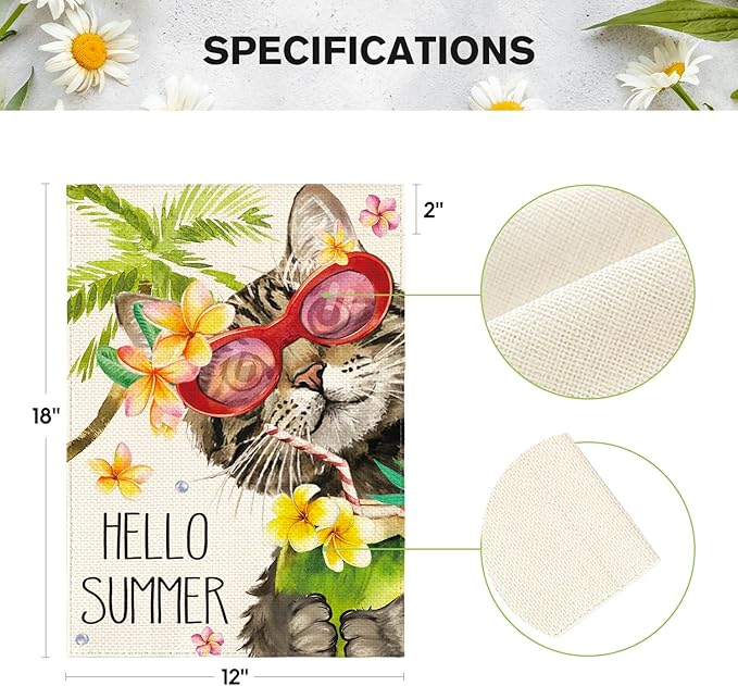 AVOIN colorlife Hello Summer Floral Cat Garden Flag 12x18 Inch Double Sided Outside, Party Holiday Burlap Yard Outdoor Decoration