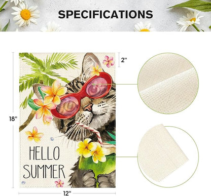 AVOIN colorlife Hello Summer Floral Cat Garden Flag 12x18 Inch Double Sided Outside, Party Holiday Burlap Yard Outdoor Decoration