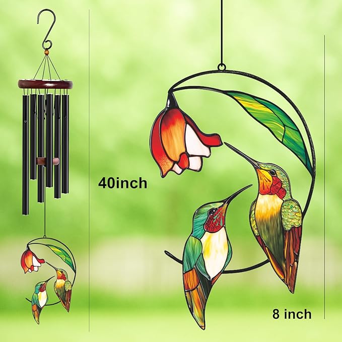 Personalized Metal Wind Chime Garden Sign, 40 Inch Outdoor Colorful Bird & Flower Memorial Decor, Yard Hanging Plaque for Patio Porch Lawn (JSTY364)