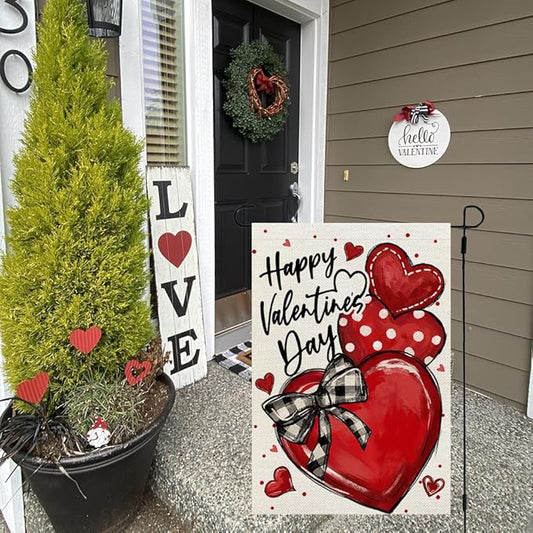 CROWNED BEAUTY Valentines Day Hearts Garden Flag 12x18 Inch Double Sided for Outside Small Burlap Love Red Holiday Yard Decoration