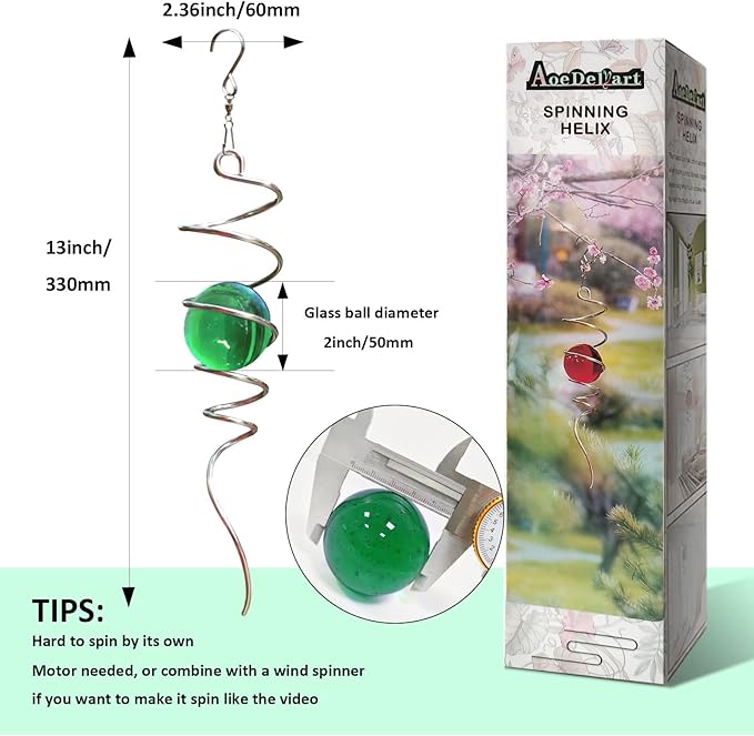 Aoedelyart Wind Spinner Tail Gazing Ball Spiral Decorative Wind Spinners Sun Catcher 11inch Tail and 2 inch Glass Orb. Indoor Outdoor Garden Decoration Wind Spinner Stabilizer -13 inch Height (Green)