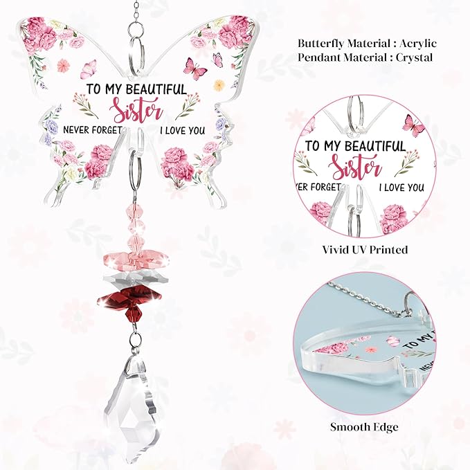 Funnli Sister Gifts Crystal Suncatcher, Birthday Christmas Mothers Day Valentines Day Easter Gifts for Sister Bestie Friend from Sistes Brother Window Hangings Home Decor