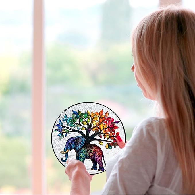 Elephant Tree Stained Glass Window Hanging Boho Animal Sun Catcher Decor Birthday Gifts for Women Christmas Elephant Suncatchers for Home Windows Hanging Decoration, 7.87inch