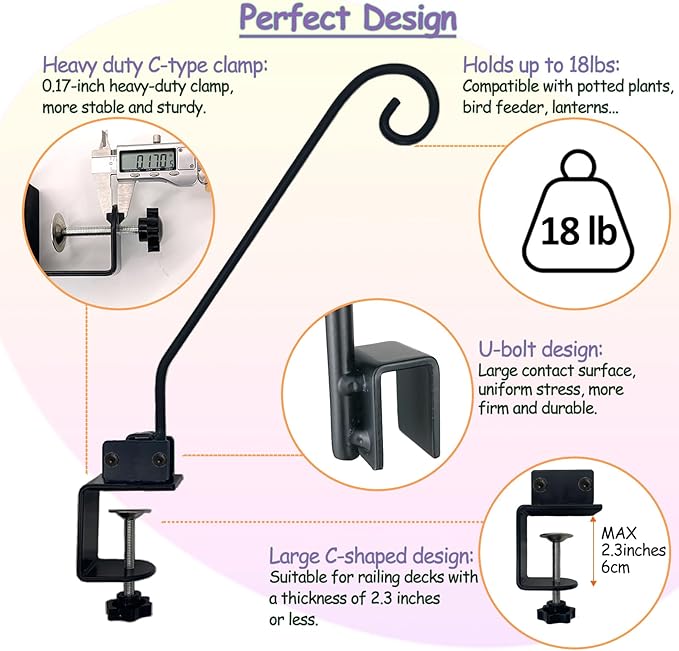 Heavy Duty Deck Hook,Courtyard Decoration,Pole 16.5”Long Metal Deck Railing Hooks for Hanging Bird Feeders,Planters,Suet Baskets,Lanterns,Wind Chimes,Clamp Mounted,Under 18 LBS
