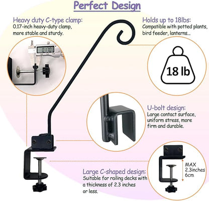 Heavy Duty Deck Hook,Courtyard Decoration,Pole 16.5”Long Metal Deck Railing Hooks for Hanging Bird Feeders,Planters,Suet Baskets,Lanterns,Wind Chimes,Clamp Mounted,Under 18 LBS