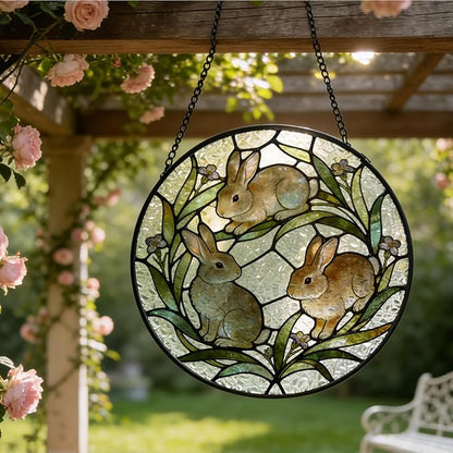 Easter Bunny Flower Wreath Stained Glass Window Hanging, Easter Three Rabbits Botanical Suncatcher Indoor Window Glass Round Wall Art Decor, 7.9x7.9 Inch