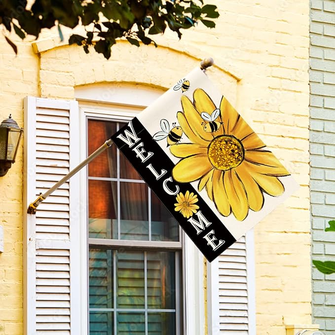 AVOIN colorlife Spring Summer Bee Sunflower House Flag 28x40 Inch Double Sided, Welcome Holiday Yard Outdoor Decoration