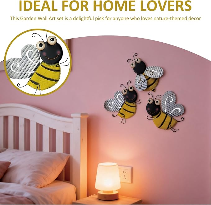 3 Pcs Metal Bee Wall Decor, Cute Insect-Themed Wall Art, Rustic Home & Garden Decor for Living Rooms, Offices, Outdoor Spaces (Bee)