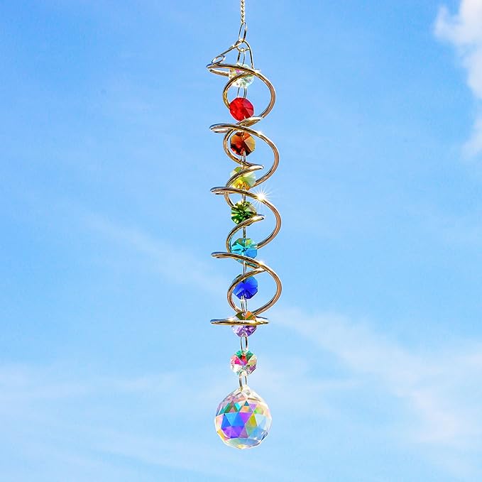 H&D HYALINE & DORA 20.5" Gazing Ball Spiral Tail Decorative Wind Spinners 1.18" Crystal Glass Ball Unique Gift Hanging Decor for Indoor Outdoor Garden Decoration (AB)