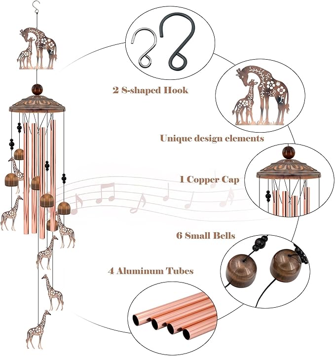 35" Giraffe Wind Chimes for Outside, Rustic Copper Mother & Baby Giraffe Silhouette Decor with 6 Pendants - Elegant Safari Memorial Windchime - Heartwarming Gift for Mom & Animal Lovers