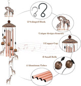 35" Giraffe Wind Chimes for Outside, Rustic Copper Mother & Baby Giraffe Silhouette Decor with 6 Pendants - Elegant Safari Memorial Windchime - Heartwarming Gift for Mom & Animal Lovers
