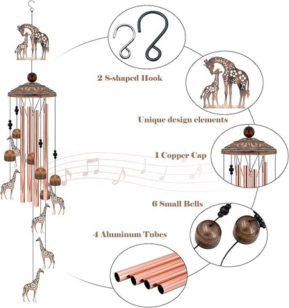 35" Giraffe Wind Chimes for Outside, Rustic Copper Mother & Baby Giraffe Silhouette Decor with 6 Pendants - Elegant Safari Memorial Windchime - Heartwarming Gift for Mom & Animal Lovers