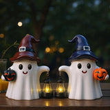 Suzile 2 Pack Halloween Outdoor Decoration 9.5 Inch Spooky Ghost Statues with Solar Lantern Light Pumpkin for Garden Halloween Figurine Cute Resin Ghost for Lawn Patio Party Indoor Home Decor Gift