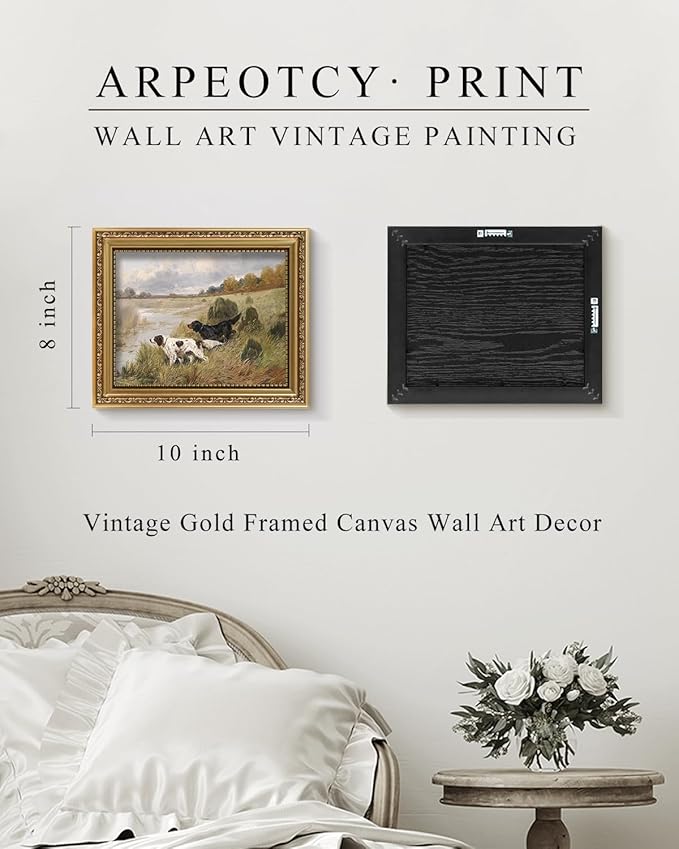 ARPEOTCY Vintage Gold Framed Wall Art, Retro River Dog Landscape Paintings, 8x10 inch Small Canvas Prints Artwork with Antique Frame, Victorian Wall Picture Decor for Room Gallery Living Room Shelf