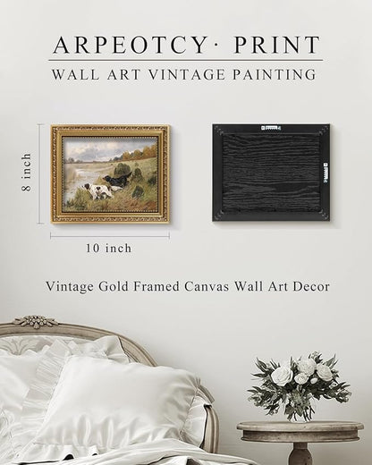 ARPEOTCY Vintage Gold Framed Wall Art, Retro River Dog Landscape Paintings, 8x10 inch Small Canvas Prints Artwork with Antique Frame, Victorian Wall Picture Decor for Room Gallery Living Room Shelf