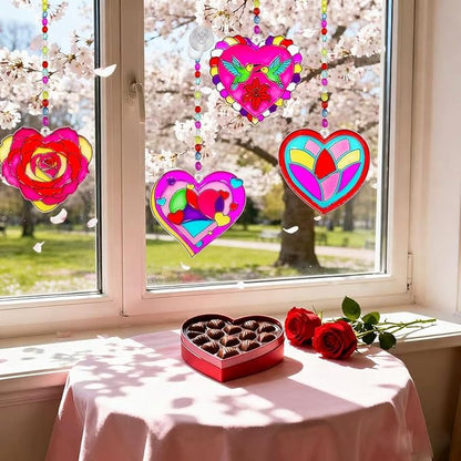 AUEKIV Valentines Suncatcher Crafts Kit 30 Sets Heart Suncatchers Window Art Paint Sun Catcher DIY Craft Kits Rose for Valentine's Day Classroom Activities Party Gift Exchange