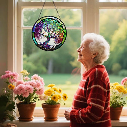 Suncatcher Stained Glass Window Hanging - Life Sun Glass Panel with Metal Chain and Hooks Handmade Sun Catcher Decoration for Window Garden Home Christmas & Birthday Gifts