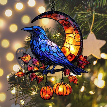 Cresent Moon Pumpkin Raven Acrylic Suncatcher Stained Glass Effect Window Car Hanging Christmas Ornament Indoor Outdoor Decor Garden Sun Catcher Panel for Gothic Lover for Women Mom Grandma