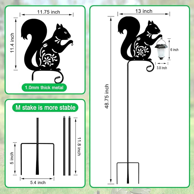Metal Squirrel Garden Stake, Solar Lights Outdoor Solar-Powered with Lantern-Outdoor Waterproof Pathway and Garden Decorations (Black Squirrel)