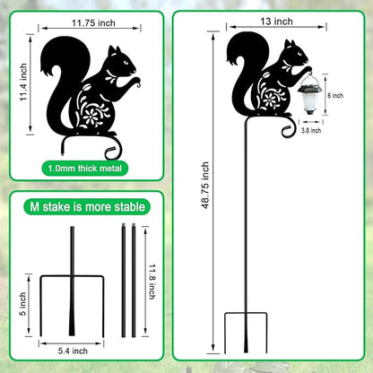 Metal Squirrel Garden Stake, Solar Lights Outdoor Solar-Powered with Lantern-Outdoor Waterproof Pathway and Garden Decorations (Black Squirrel)
